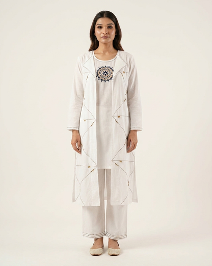 White 3-Piece Layered Jacket Kurta Set
