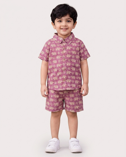 Royal Mauve Elephant Motif Boys' Cotton Co-ord Set: Shirt & Shorts