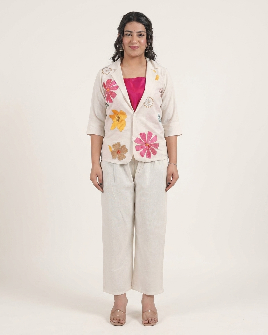 Ivory Floral Embroidered 3-Piece Blazer Co-ord Set