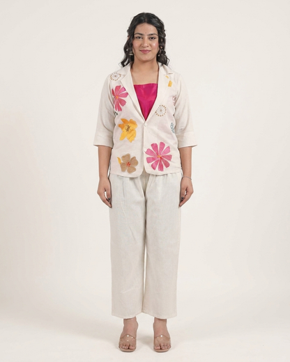 Ivory Floral Embroidered 3-Piece Blazer Co-ord Set