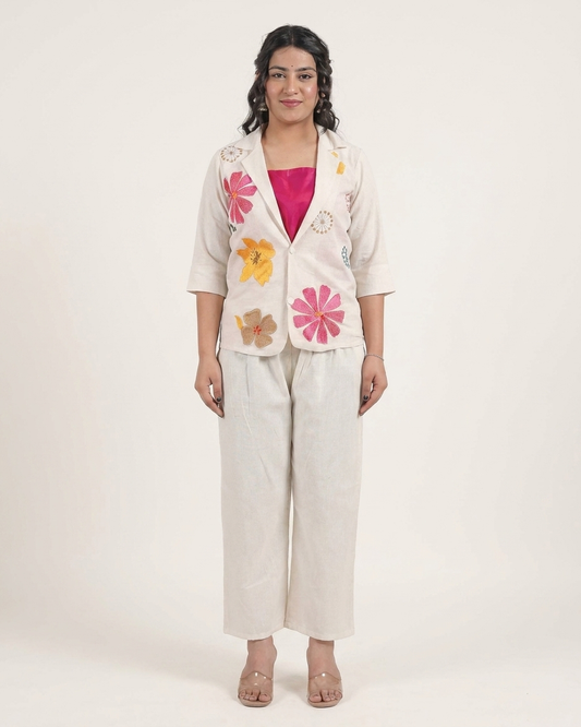 Ivory Floral Embroidered 3-Piece Blazer Co-ord Set