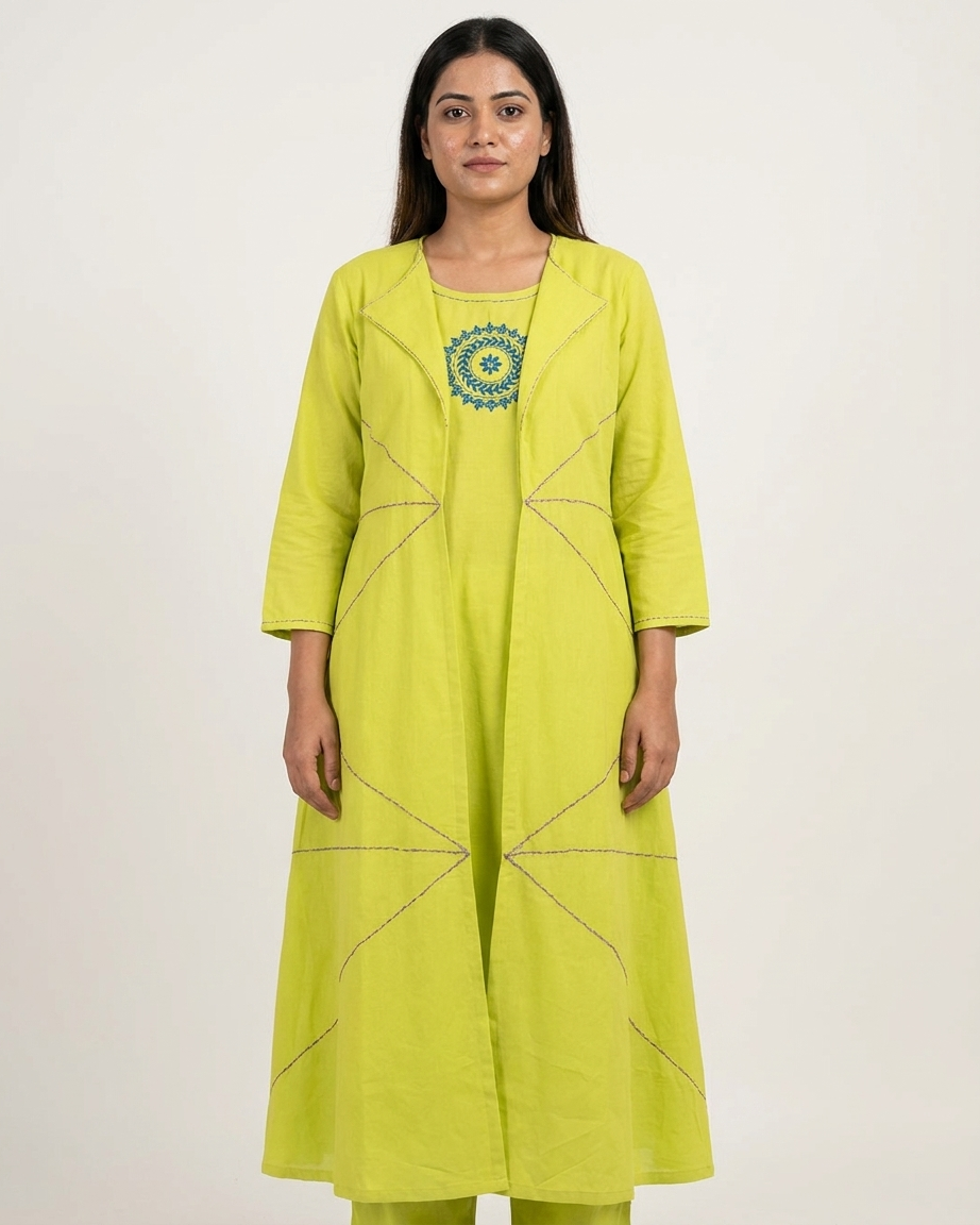 3-Piece Layered Lime Yellow Jacket Kurta Set