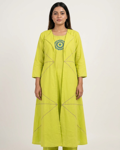 3-Piece Layered Lime Yellow Jacket Kurta Set