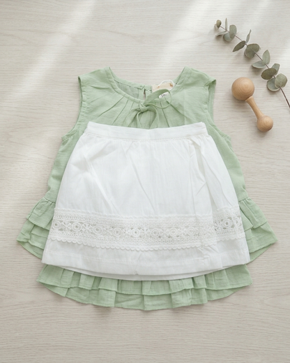 Mint Sorbet: Girls' Cotton Ruffle Top & White Lace-Bordered Shorts Set