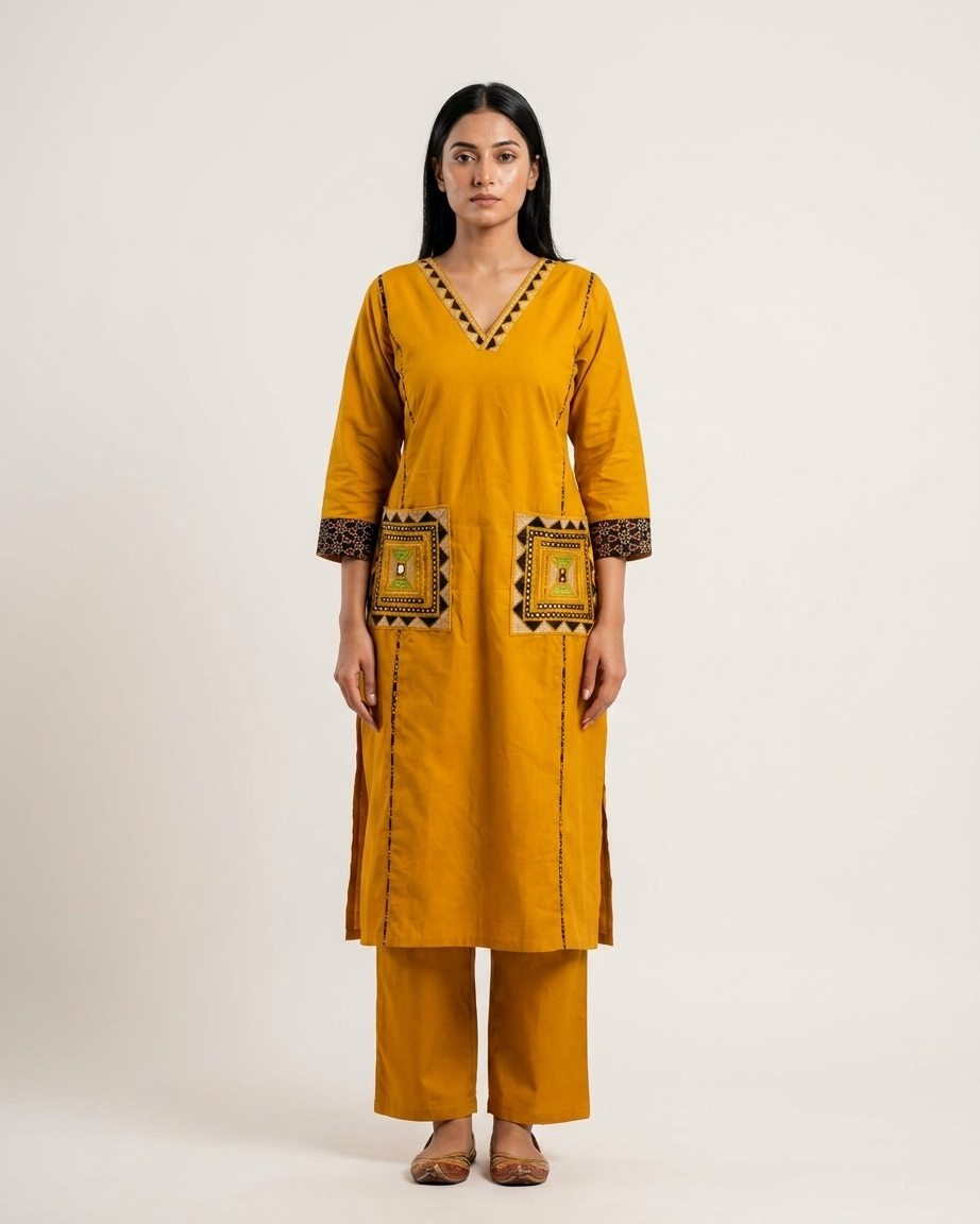 Mustard Geometric Embroidered Pocket Kurta Set