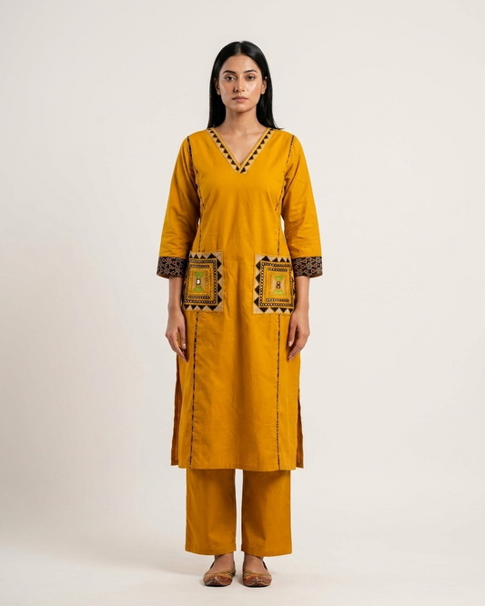 Mustard Geometric Embroidered Pocket Kurta Set