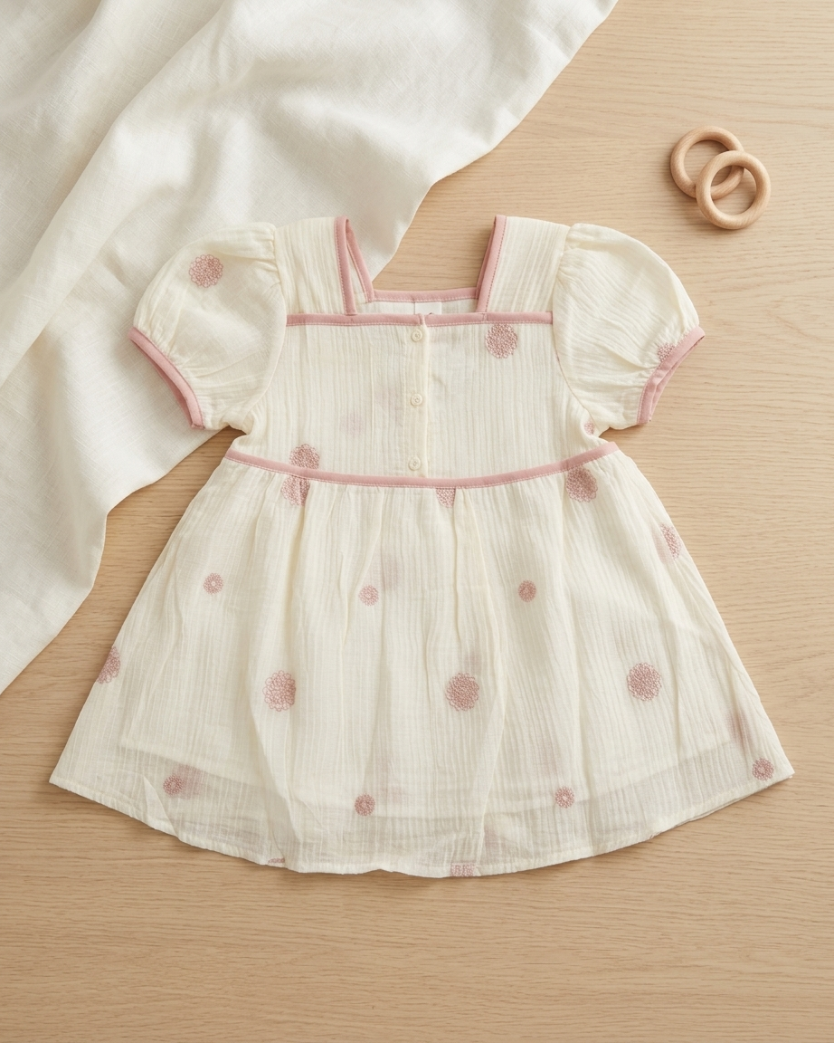 Blush Meadow: Toddler Girls' Cream Embroidered Cotton Dress with Puff Sleeves