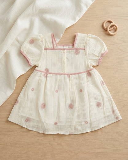 Blush Meadow: Toddler Girls' Cream Embroidered Cotton Dress with Puff Sleeves