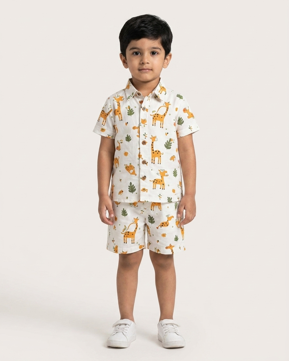 Safari Giraffe Boys' Cotton Co-ord Set: Shirt & Shorts