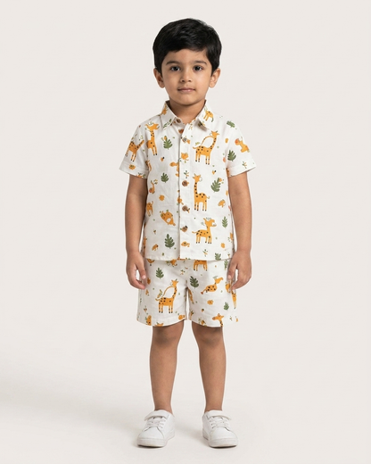 Safari Giraffe Boys' Cotton Co-ord Set: Shirt & Shorts