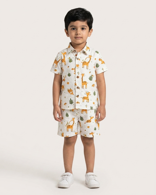 Safari Giraffe Boys' Cotton Co-ord Set: Shirt & Shorts