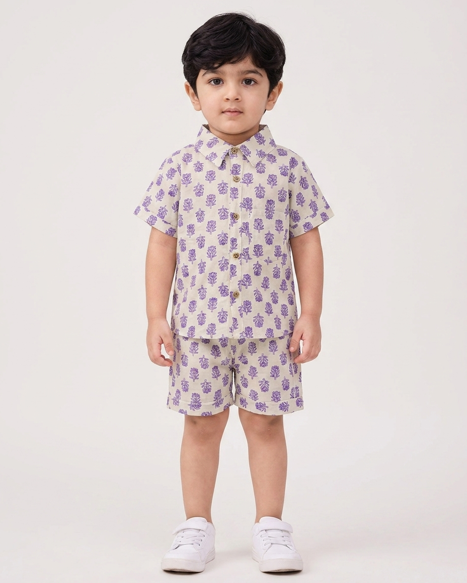 Lavender Boota Boys' Cotton Co-ord Set: Shirt & Shorts