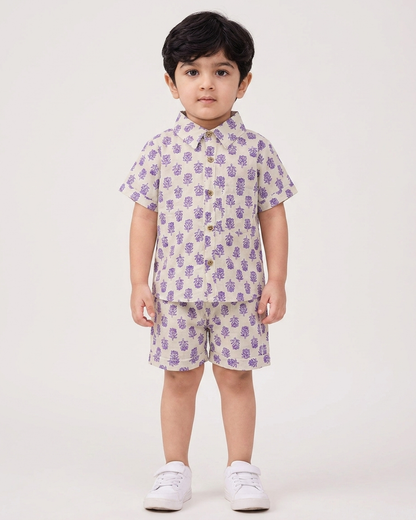 Lavender Boota Boys' Cotton Co-ord Set: Shirt & Shorts