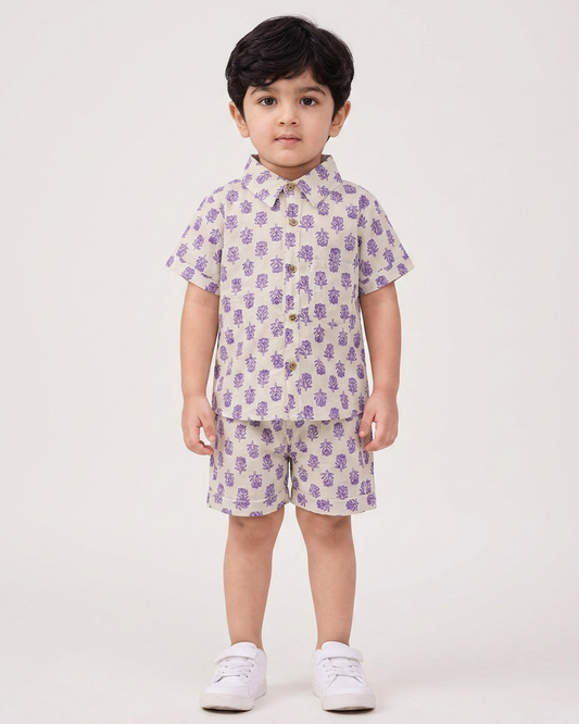 Lavender Boota Boys' Cotton Co-ord Set: Shirt & Shorts