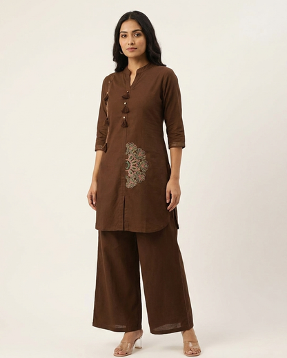 Elegant Front-Button Tassel Kurta with Mandala Embroidery