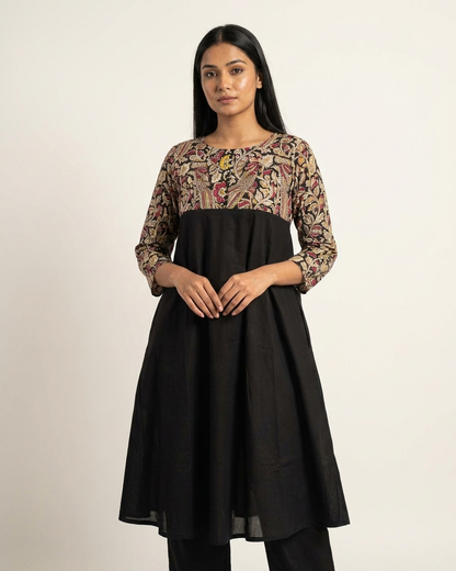 Black Kalamkari Print Yoke Flared Kurta Set