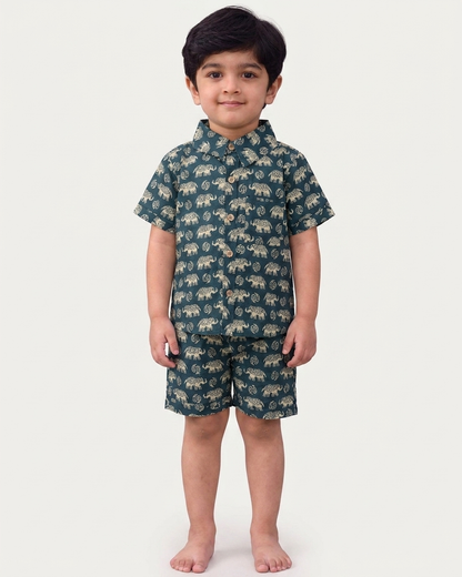 Deep Teal Elephant Motif Boys' Cotton Co-ord Set: Shirt & Shorts