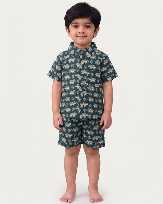Deep Teal Elephant Motif Boys' Cotton Co-ord Set: Shirt & Shorts