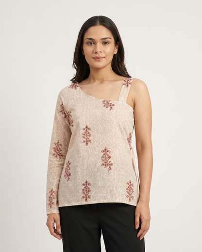 Oatmeal Asymmetrical One-Sleeve Floral Boota Top