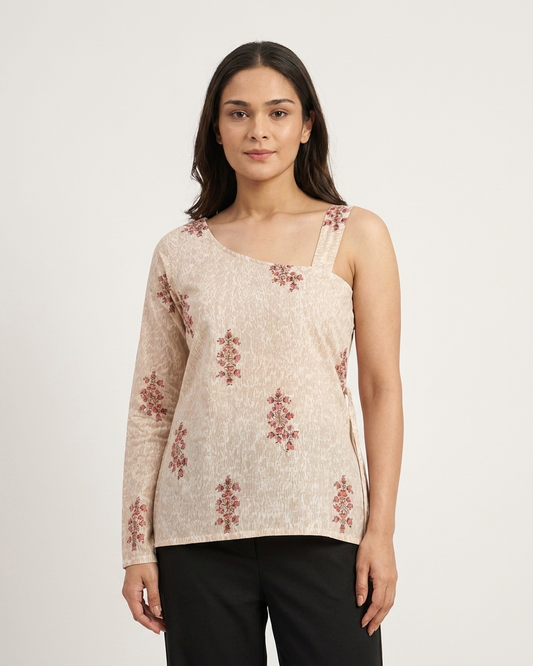 Oatmeal Asymmetrical One-Sleeve Floral Boota Top