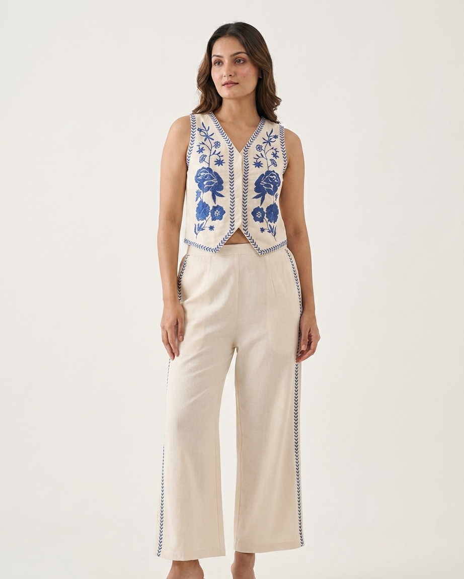 Ivory and Royal Blue Embroidered Waistcoat Co-ord Set