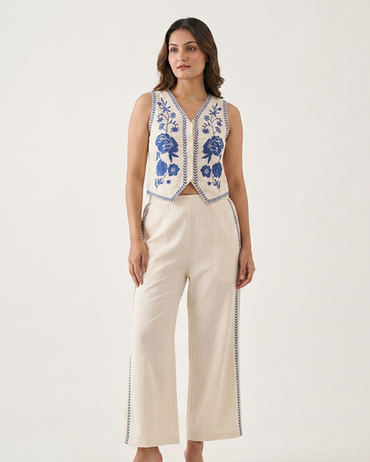 Ivory and Royal Blue Embroidered Waistcoat Co-ord Set