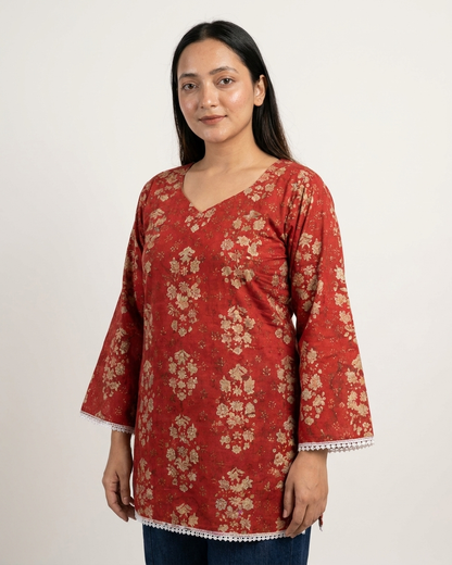 Crimson Red Botanical Tunic with Lace Trim