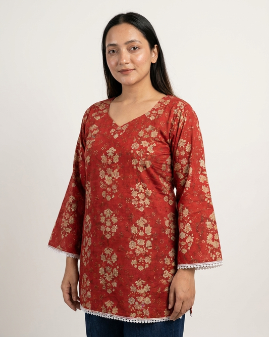 Crimson Red Botanical Tunic with Lace Trim