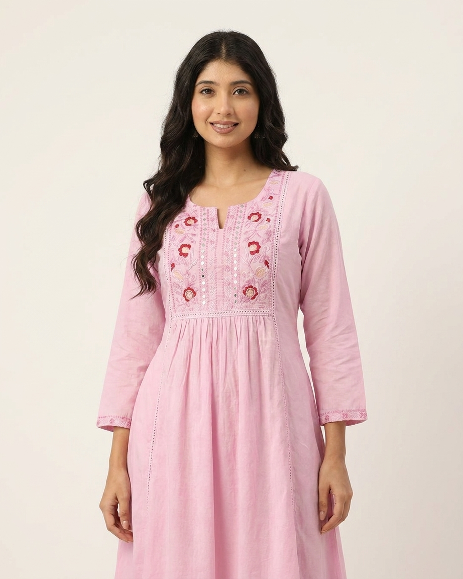 Soft Pink Floral Embroidered Gathered Tunic