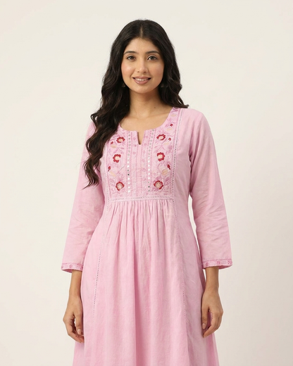 Soft Pink Floral Embroidered Gathered Tunic
