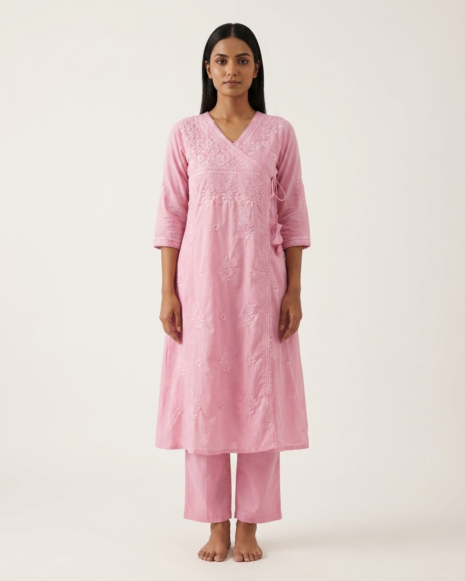 Soft Pastel Angrakha chikan kari Embroidered Kurta Set in Pink