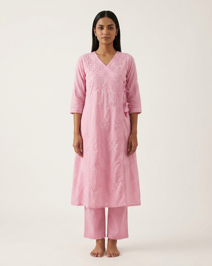 Soft Pastel Angrakha chikan kari Embroidered Kurta Set in Pink