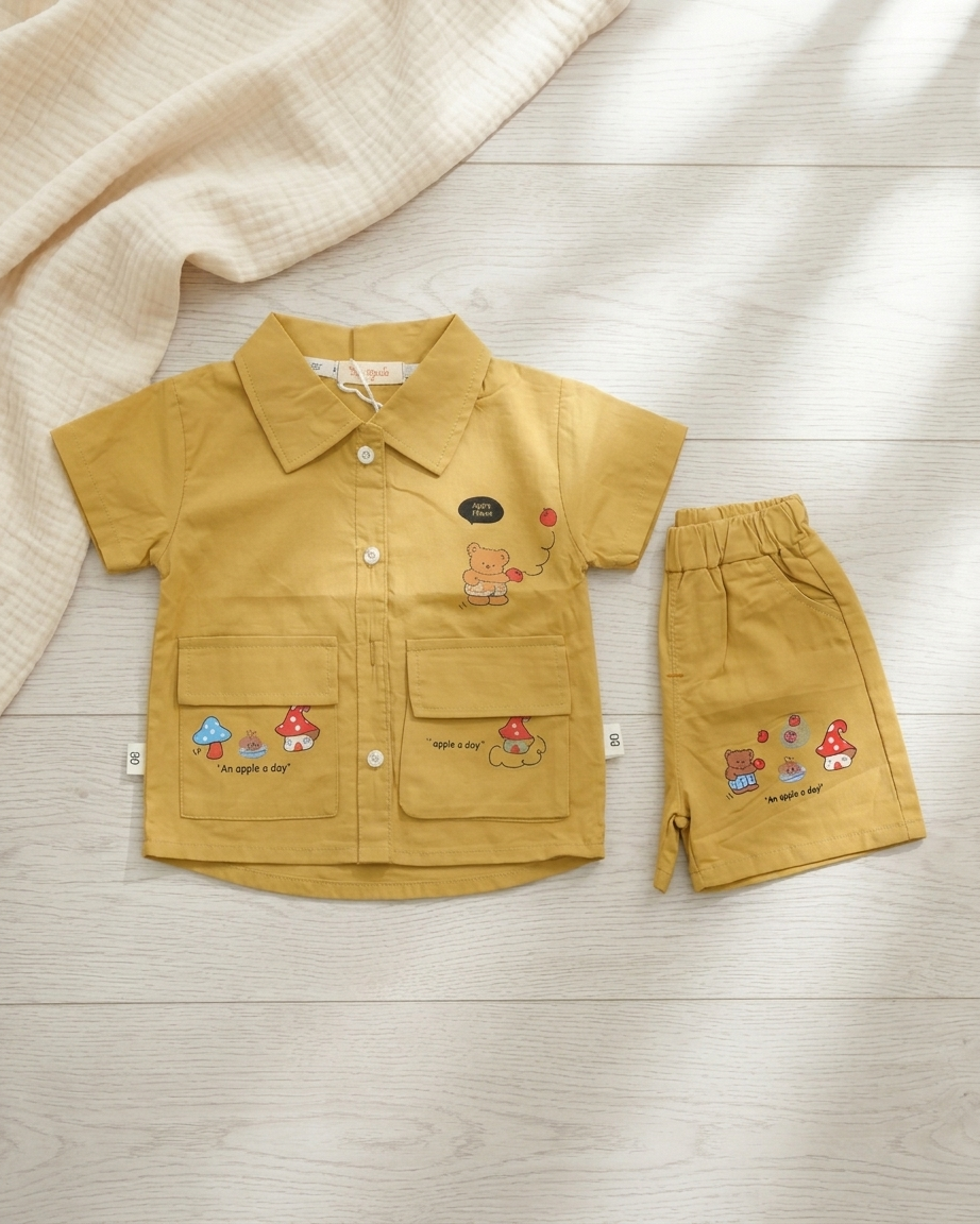 Mustard Meadow: Boys' Utility Cotton Set with Bear & Mushroom Graphics