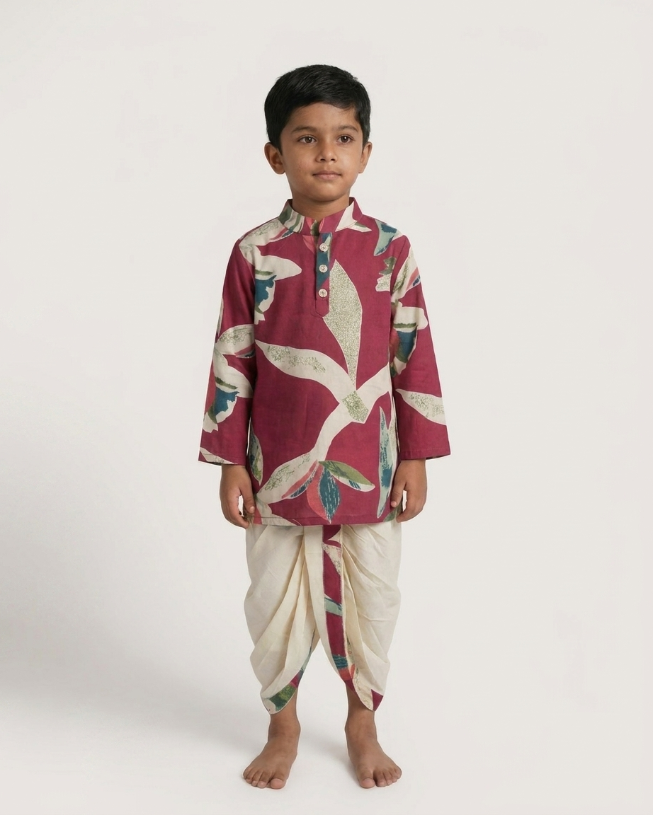 Crimson Botanic Boys' Cotton Kurta & Ready-to-Wear Dhoti Set