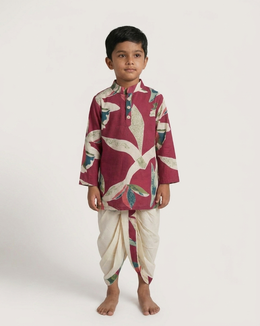 Crimson Botanic Boys' Cotton Kurta & Ready-to-Wear Dhoti Set