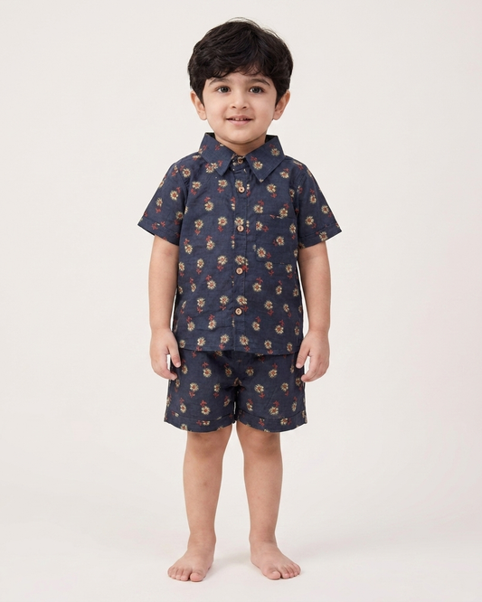 Midnight Floral Boota Boys' Cotton Co-ord Set: Shirt & Shorts
