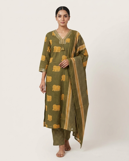 Olive Green Heritage Elephant Motif 3-Piece Kurta Set