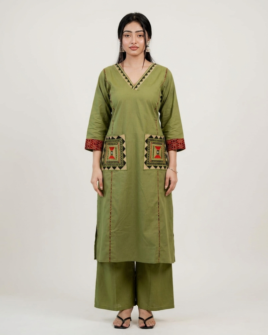 Green Geometric Embroidered Pocket Kurta Set