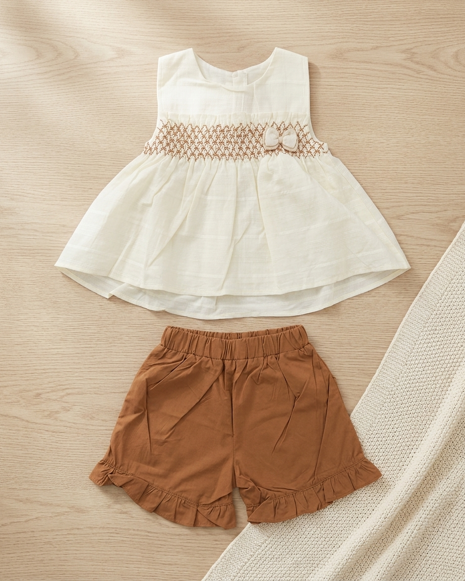Honey Smock: Girls' Cream Sleeveless Tunic & Tan Ruffled Shorts Set