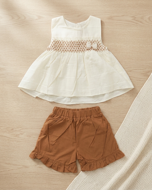 Honey Smock: Girls' Cream Sleeveless Tunic & Tan Ruffled Shorts Set