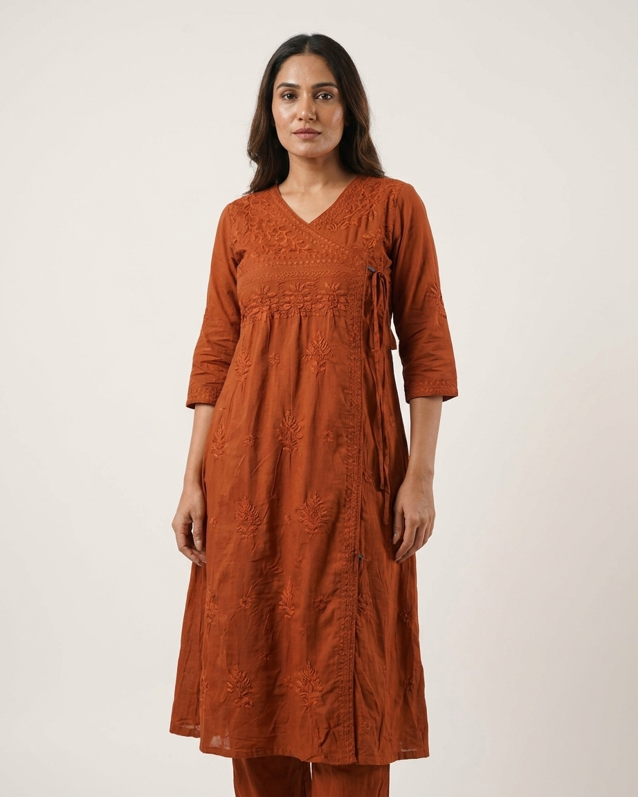 Soft Pastel Angrakha chikan kari Embroidered Kurta Set in Rust orange