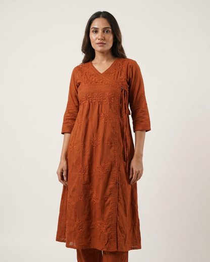 Soft Pastel Angrakha chikan kari Embroidered Kurta Set in Rust orange