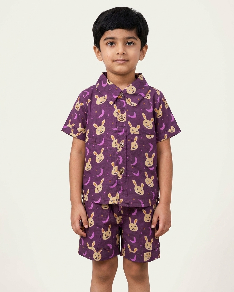 Midnight Bunny Boys' Cotton Co-ord Set: Shirt & Shorts
