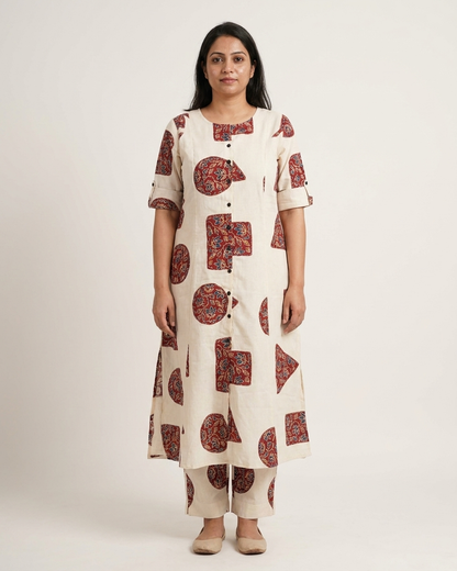 Ivory & Madder Red Geometric Patchwork-Style Kurta Set with plazo