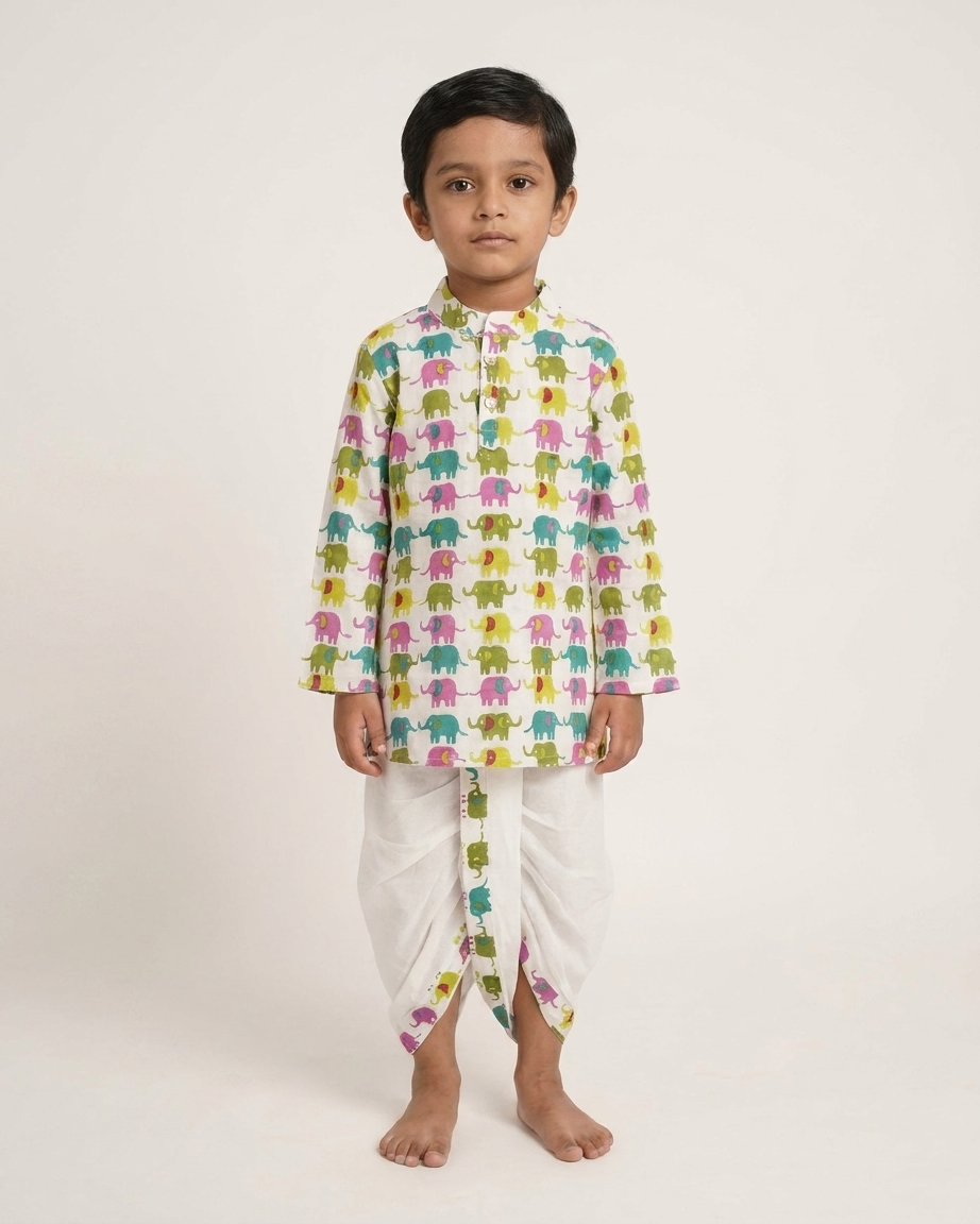 Playful Elephant Print Boys' Cotton Kurta & Ready-to-Wear Dhoti Set