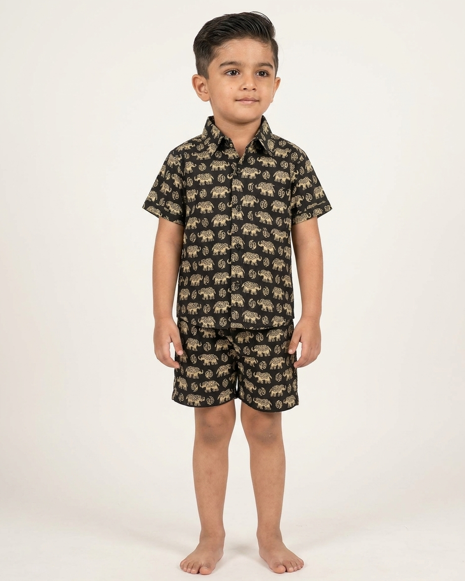 Midnight Black Elephant Print Boys' Cotton Co-ord Set: Shirt & Shorts