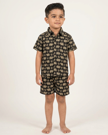 Midnight Black Elephant Print Boys' Cotton Co-ord Set: Shirt & Shorts