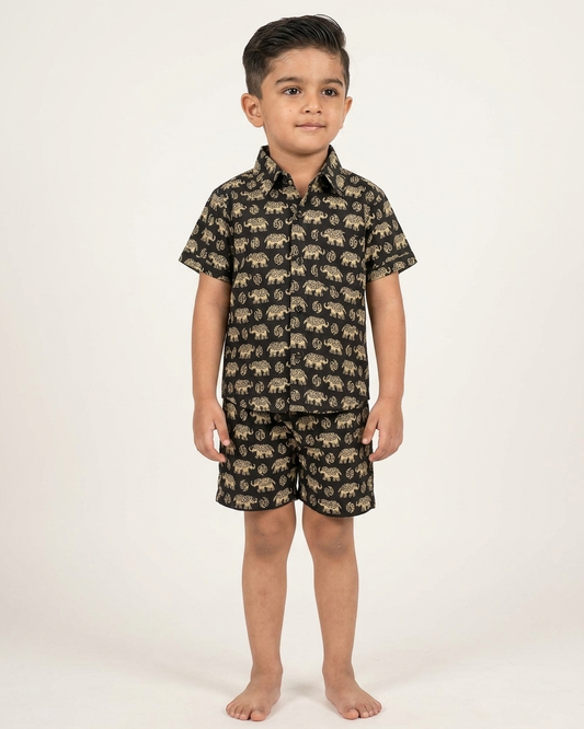 Midnight Black Elephant Print Boys' Cotton Co-ord Set: Shirt & Shorts