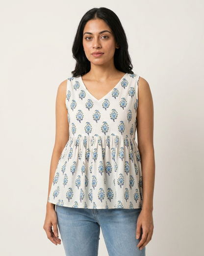 Crisp White & Blue Floral Boota Peplum Top