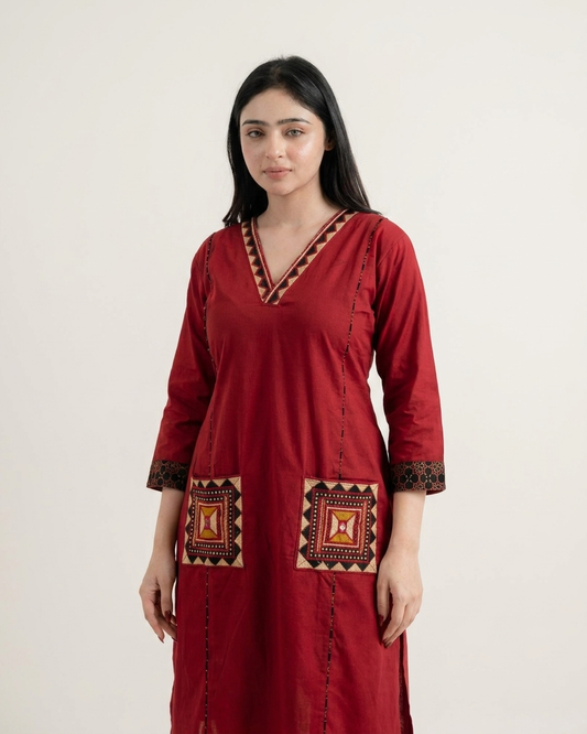 Red Geometric Embroidered Pocket Kurta Set